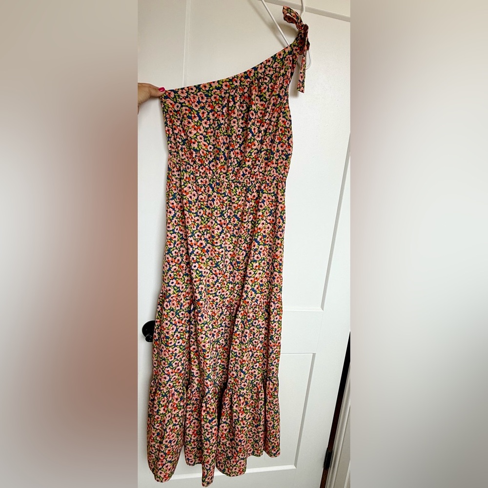 One-Shoulder Floral Midi Dress in Pink and Green